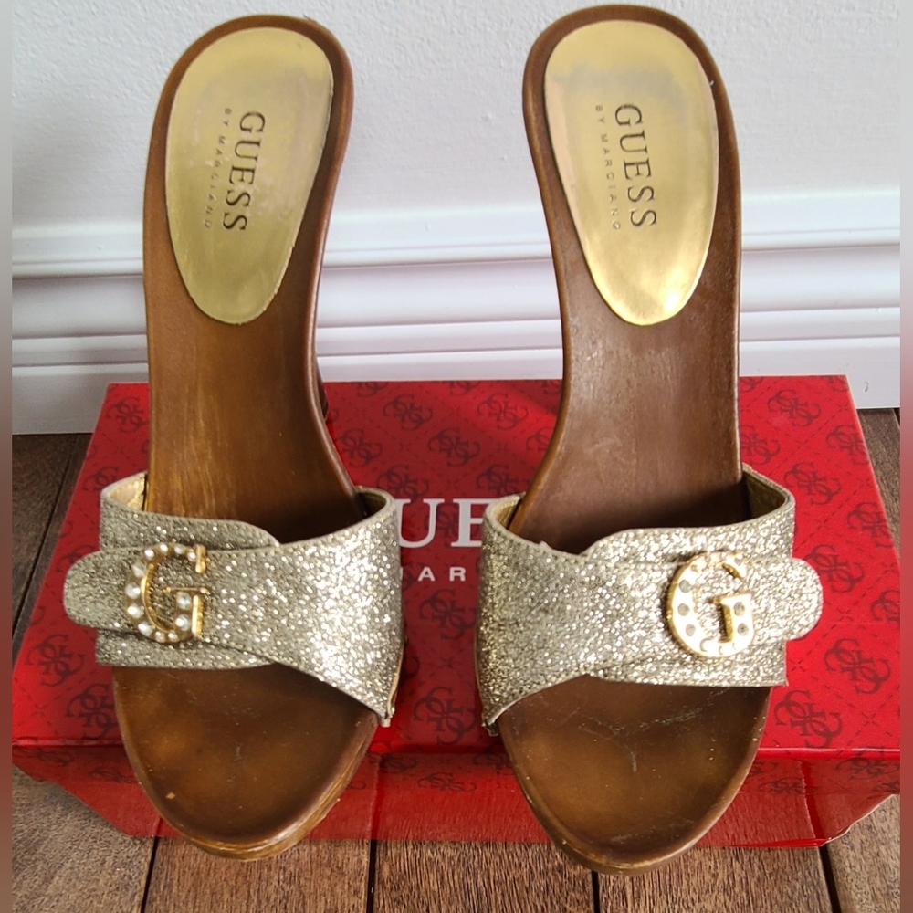 GUESS Gold Glitter Slide Mules with G Logo Accent